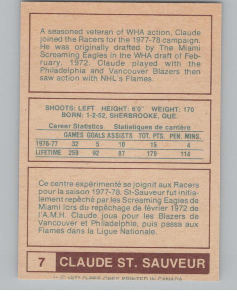 1977-78 O-Pee-Chee WHA #7 Claude St. Sauveur Racers  V99249 Image 2