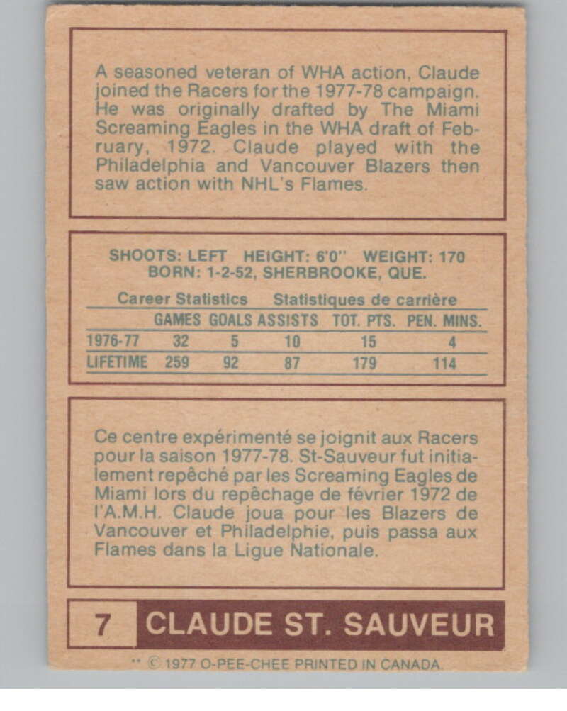 1977-78 O-Pee-Chee WHA #7 Claude St. Sauveur Racers  V99250 Image 2