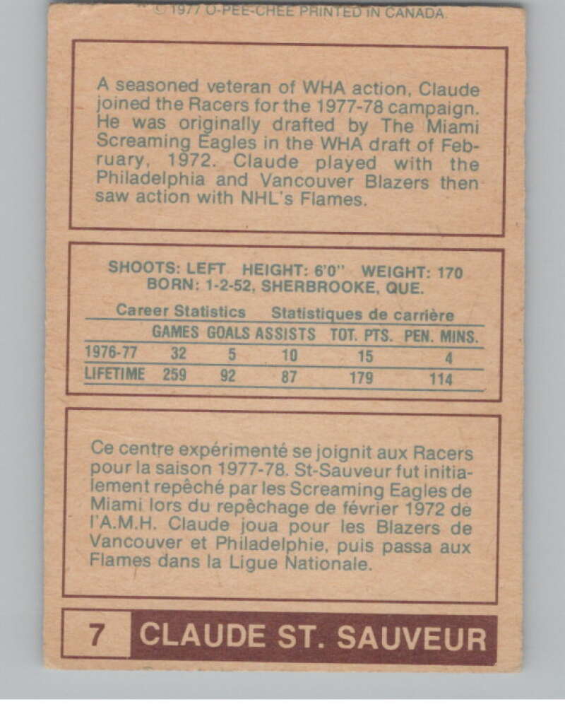 1977-78 O-Pee-Chee WHA #7 Claude St. Sauveur Racers  V99251 Image 2
