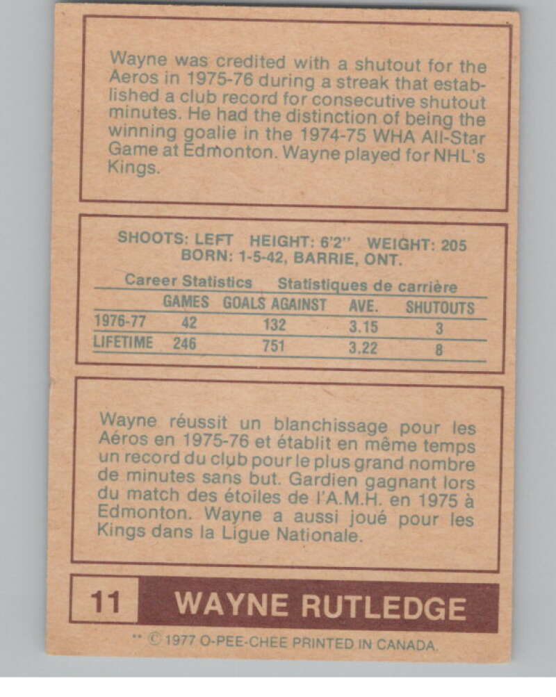 1977-78 O-Pee-Chee WHA #11 Wayne Rutledge  Houston Aeros  V99252 Image 2