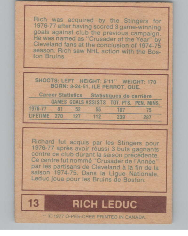 1977-78 O-Pee-Chee WHA #13 Rich Leduc  Cincinnati Stingers  V99254 Image 2