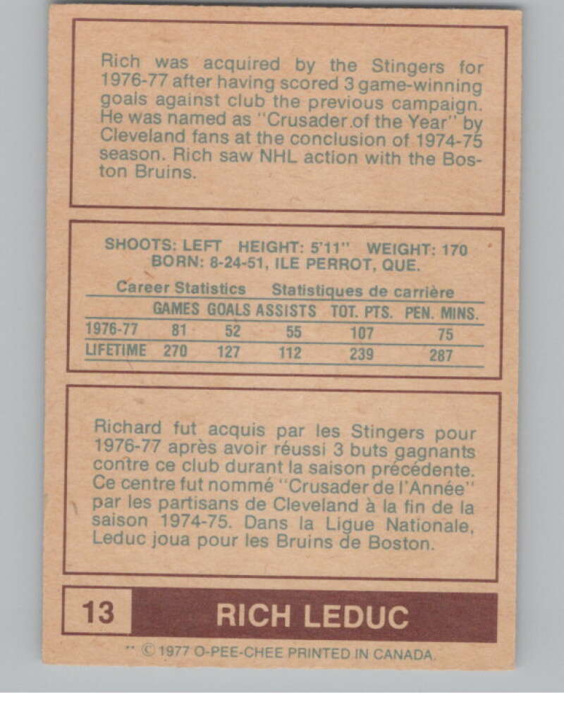 1977-78 O-Pee-Chee WHA #13 Rich Leduc  Cincinnati Stingers  V99255 Image 2
