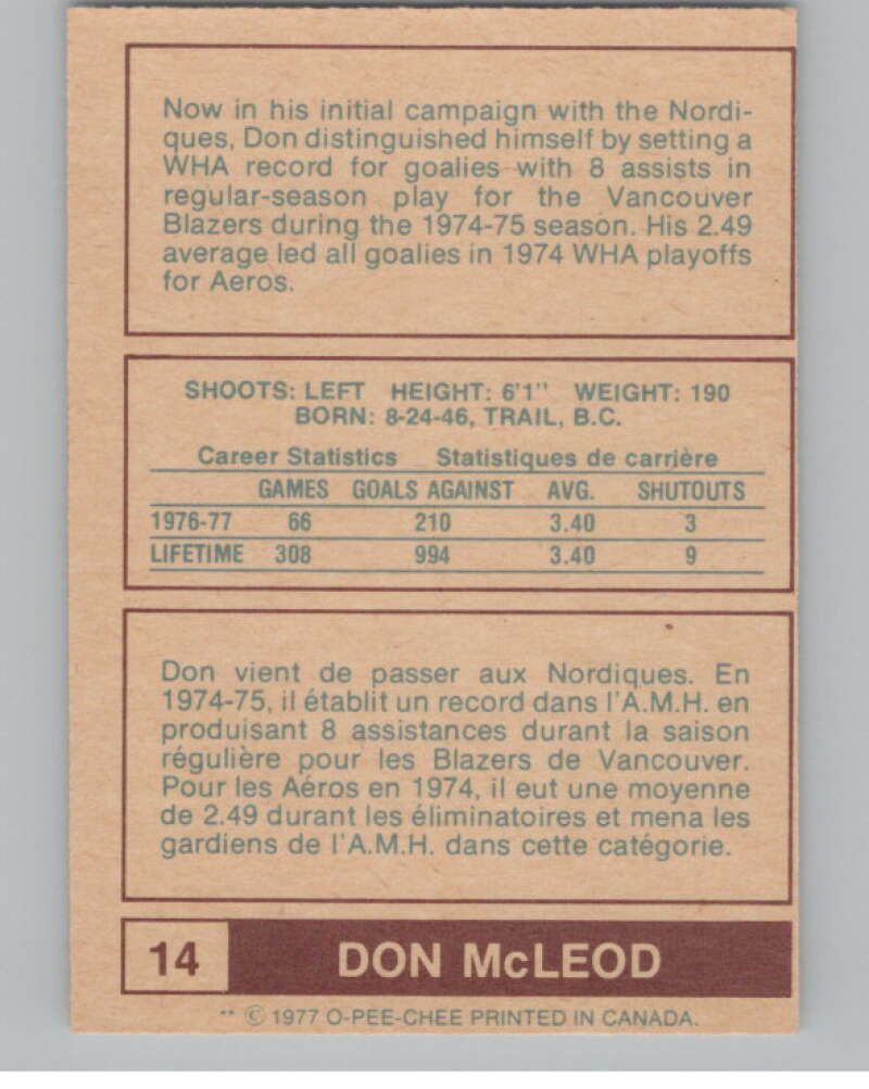 1977-78 O-Pee-Chee WHA #14 Don McLeod  Quebec Nordiques  V99256 Image 2
