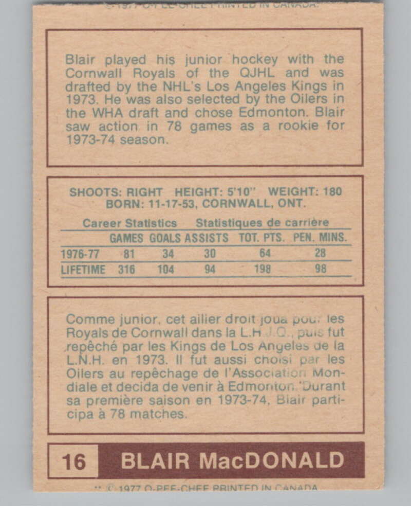 1977-78 O-Pee-Chee WHA #16 Blair MacDonald  Edmonton Oilers  V99257 Image 2