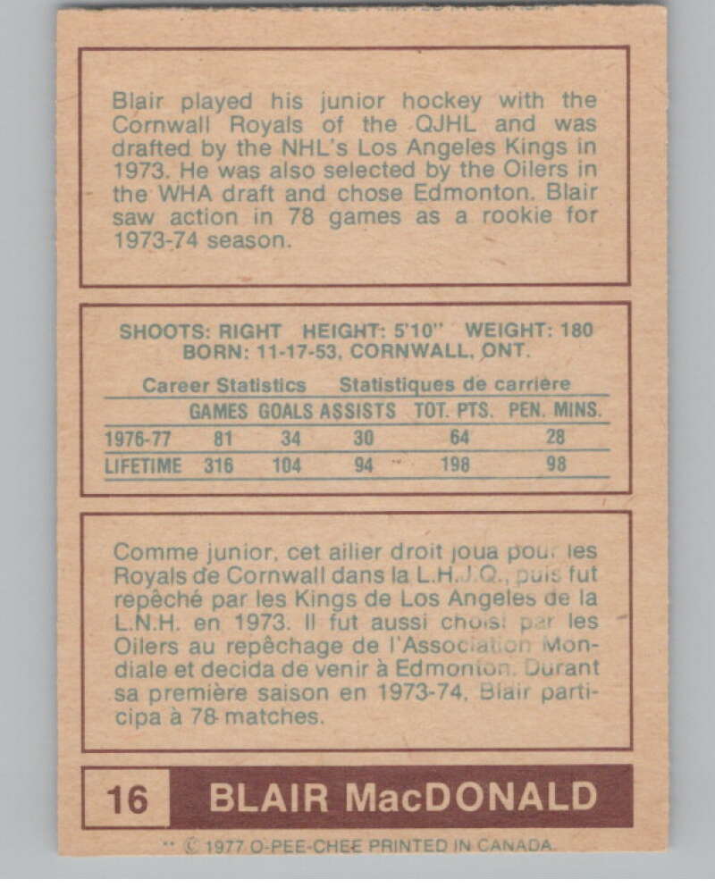 1977-78 O-Pee-Chee WHA #16 Blair MacDonald  Edmonton Oilers  V99258 Image 2