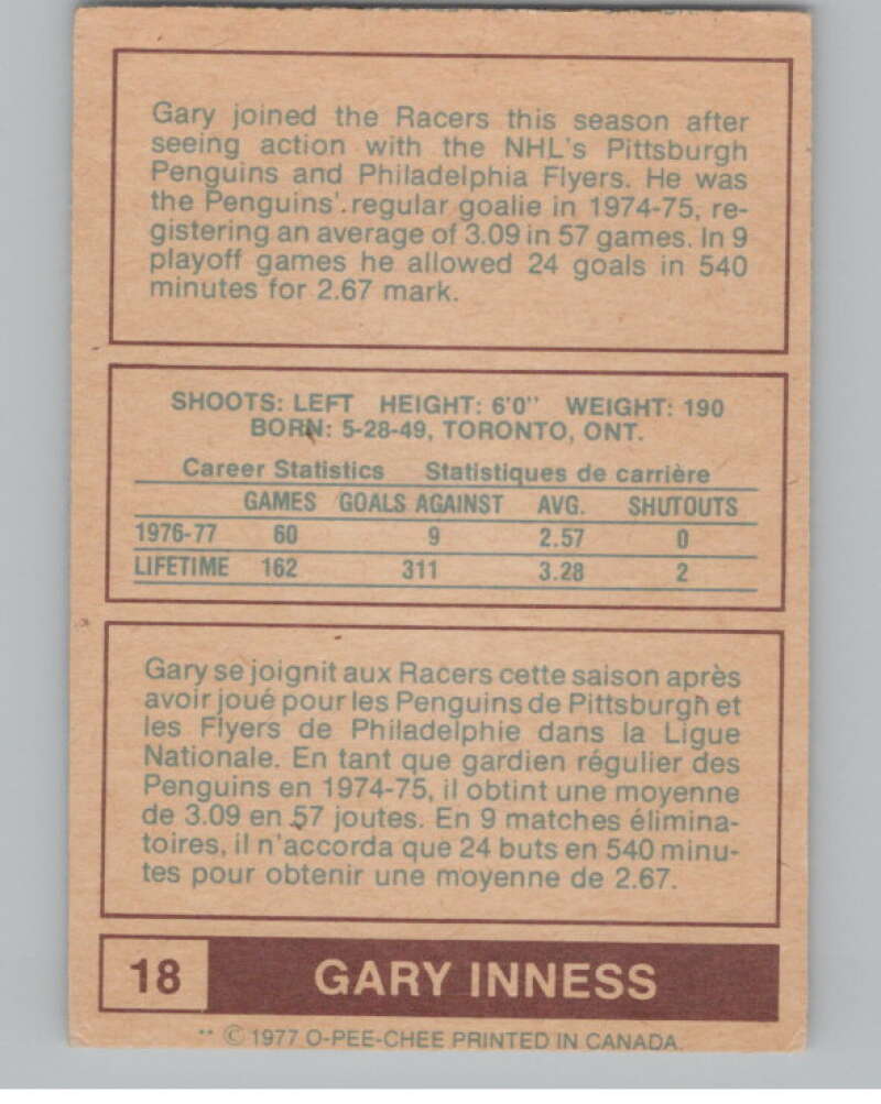 1977-78 O-Pee-Chee WHA #18 Gary Inness  Indianapolis Racers  V99260 Image 2