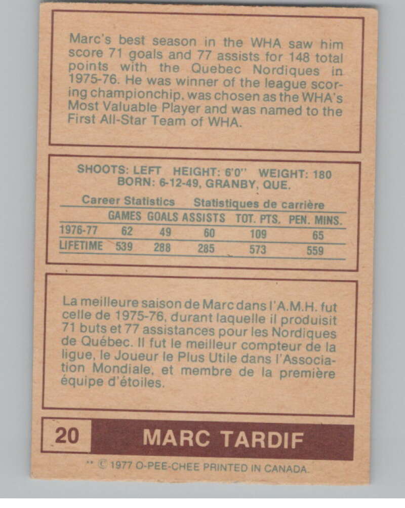 1977-78 O-Pee-Chee WHA #20 Marc Tardif  Quebec Nordiques  V99261 Image 2