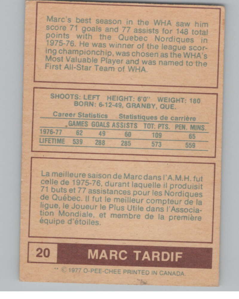 1977-78 O-Pee-Chee WHA #20 Marc Tardif  Quebec Nordiques  V99262 Image 2