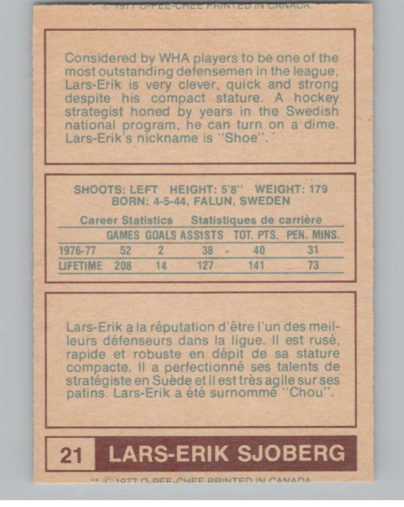 1977-78 O-Pee-Chee WHA #21 Lars-Erik Sjoberg  Winnipeg Jets  V99263 Image 2