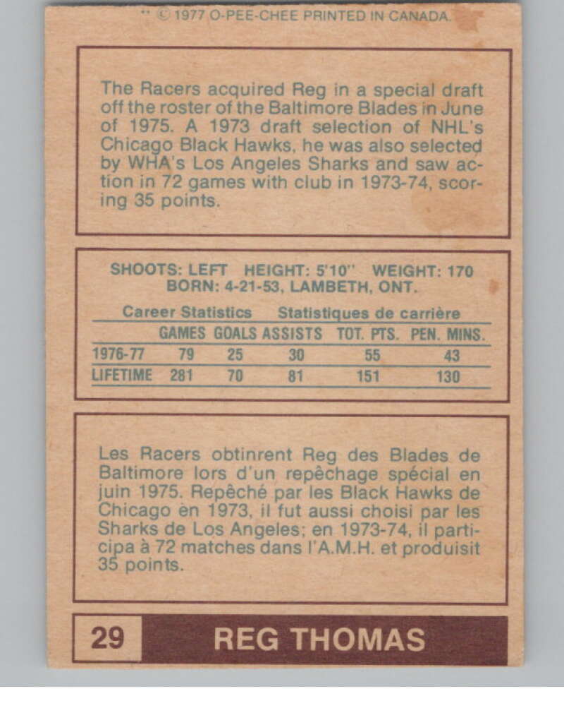 1977-78 O-Pee-Chee WHA #29 Reg Thomas  Indianapolis Racers  V99267 Image 2