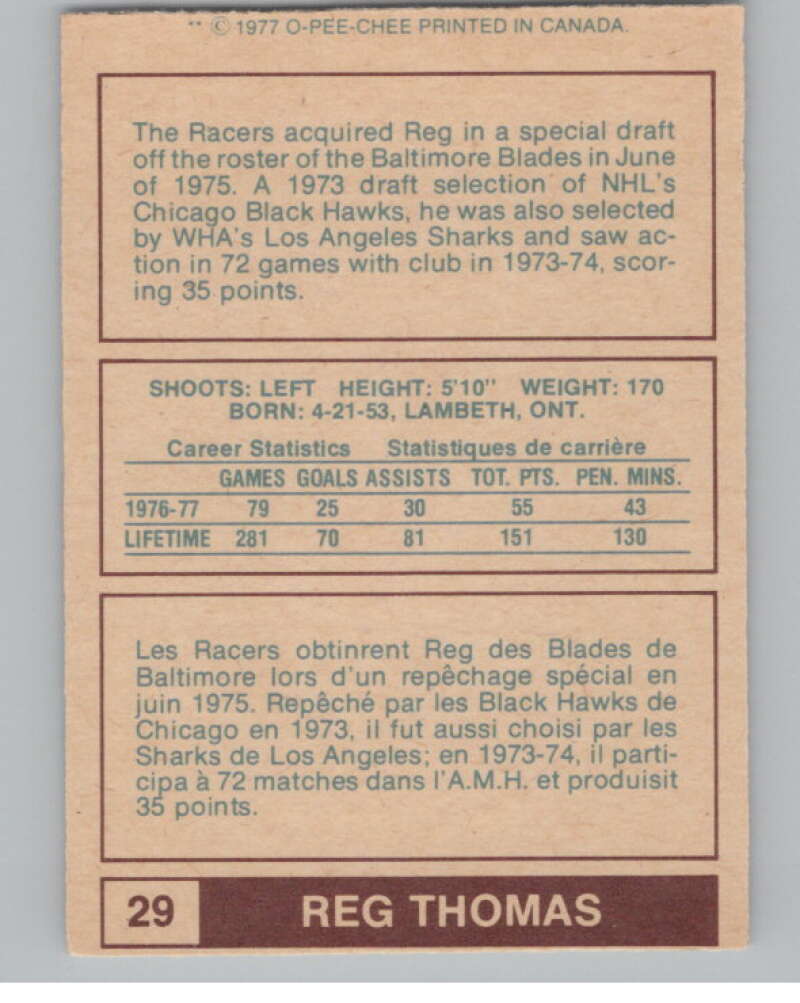 1977-78 O-Pee-Chee WHA #29 Reg Thomas  Indianapolis Racers  V99268 Image 2