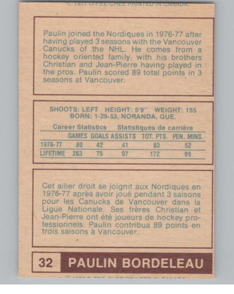 1977-78 O-Pee-Chee WHA #32 Paulin Bordeleau  Quebec Nordiques  V99269 Image 2
