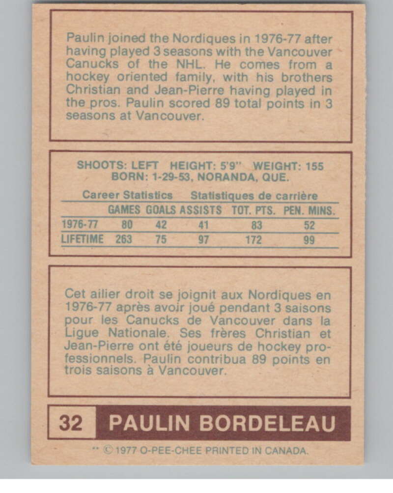 1977-78 O-Pee-Chee WHA #32 Paulin Bordeleau  Quebec Nordiques  V99270 Image 2