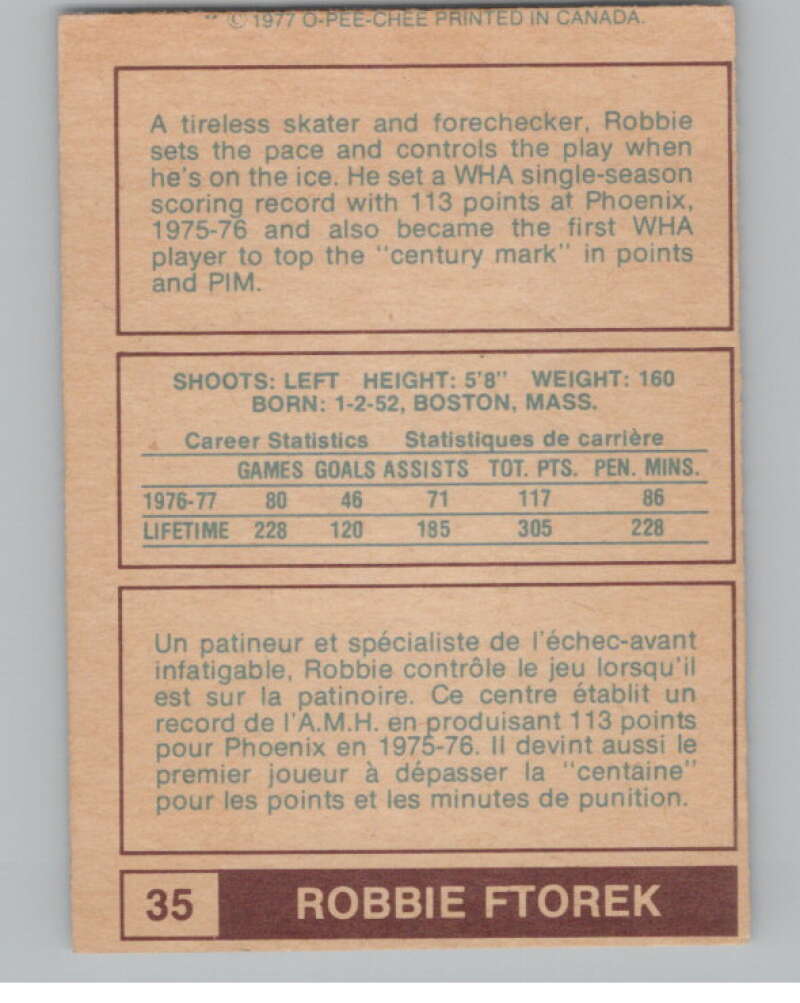 1977-78 O-Pee-Chee WHA #35 Robbie Ftorek  Cincinnati Stingers  V99272 Image 2