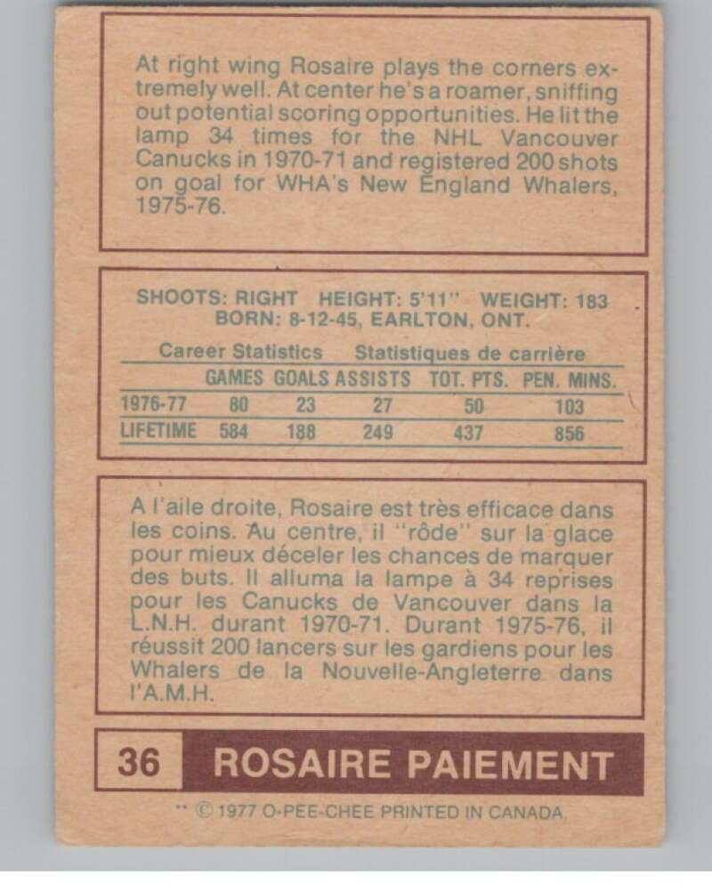 1977-78 O-Pee-Chee WHA #36 Rosaire Paiement Racers  V99273 Image 2
