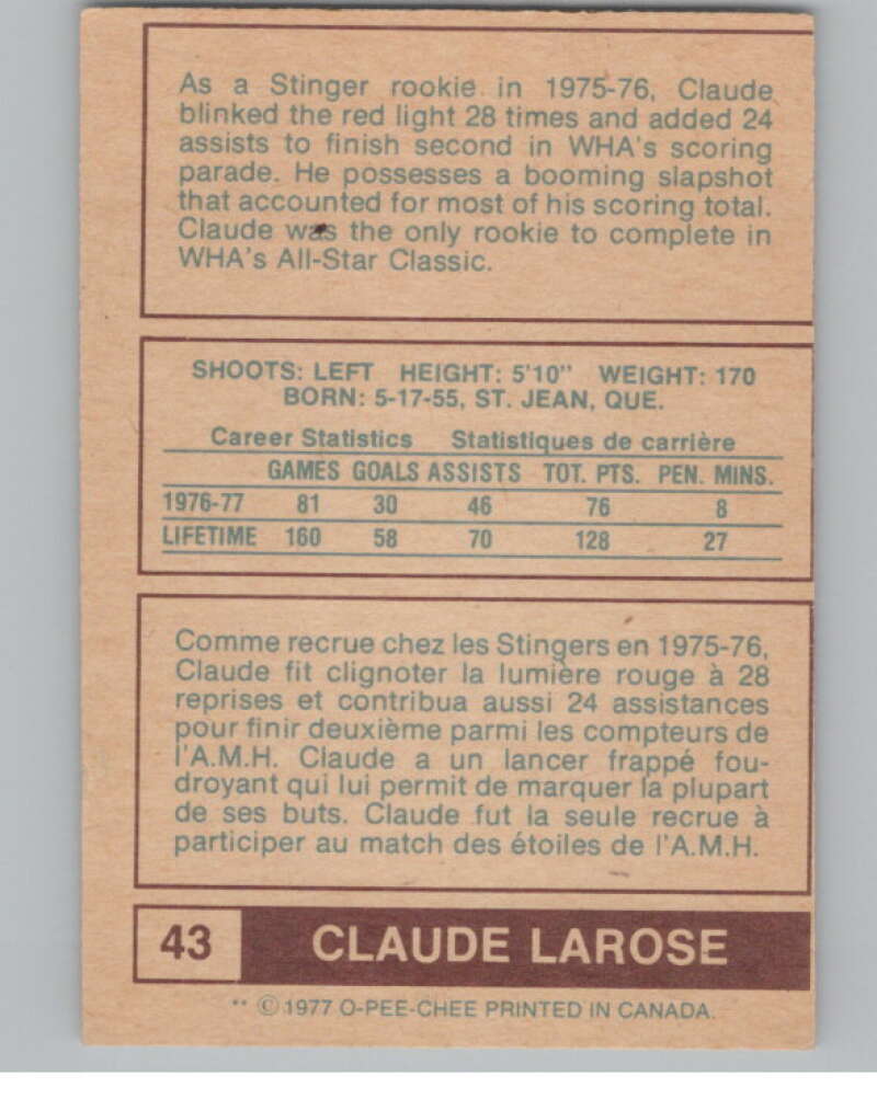 1977-78 O-Pee-Chee WHA #43 Claude Larose RC Rookie Stingers  V99276 Image 2