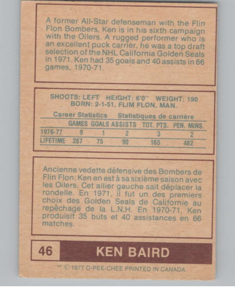 1977-78 O-Pee-Chee WHA #46 Ken Baird  Edmonton Oilers  V99278 Image 2
