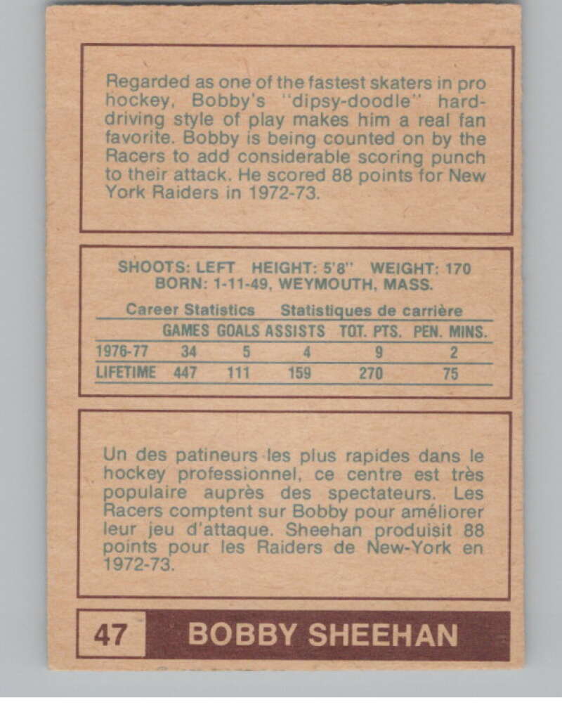1977-78 O-Pee-Chee WHA #47 Bobby Sheehan Racers  V99280 Image 2