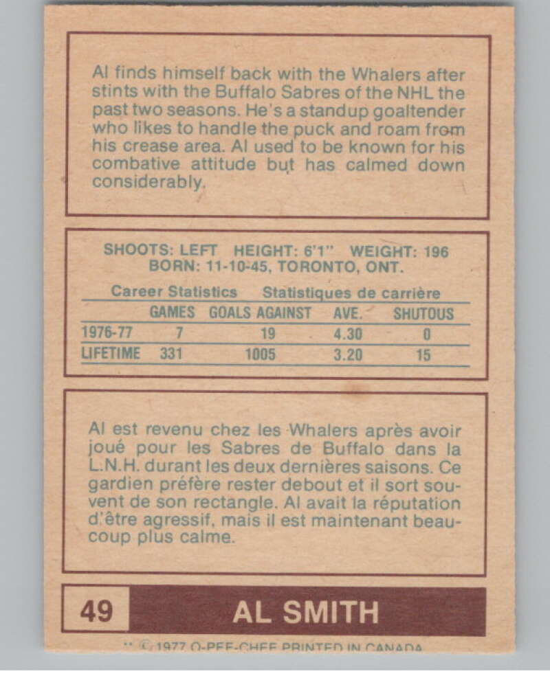 1977-78 O-Pee-Chee WHA #49 Al Smith  New England Whalers  V99282 Image 2