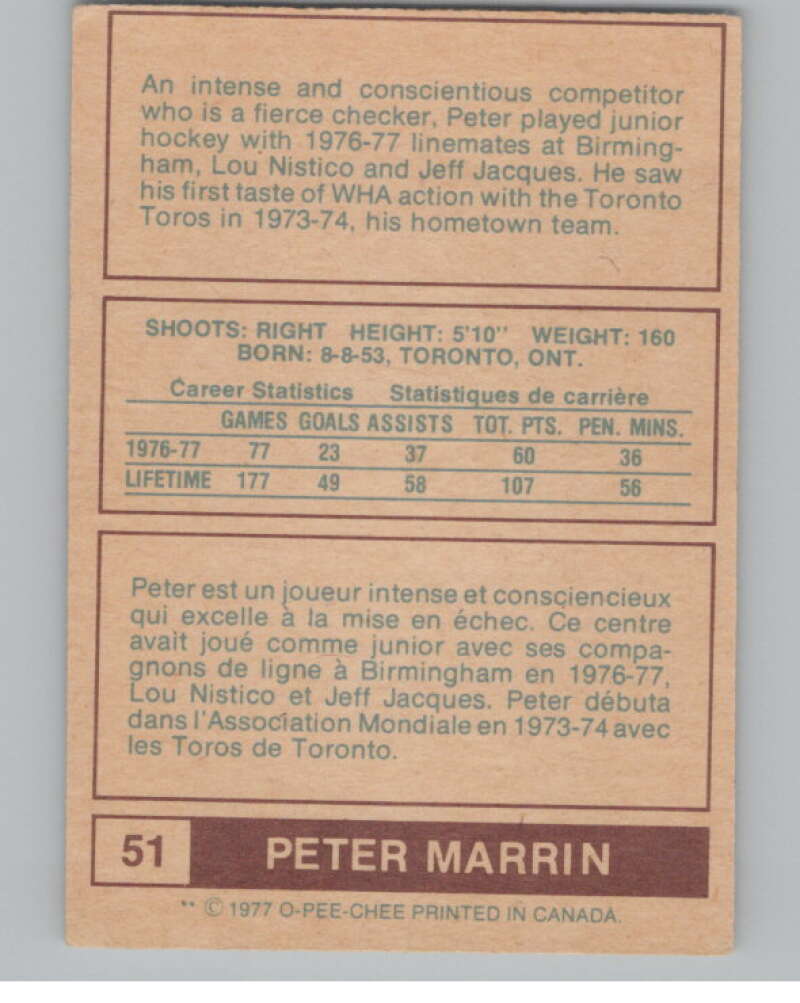 1977-78 O-Pee-Chee WHA #51 Peter Marrin  Birmingham Bulls  V99283 Image 2
