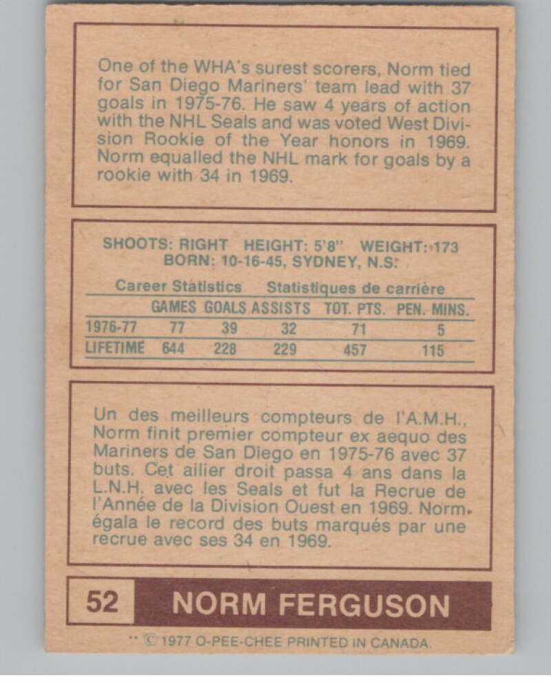 1977-78 O-Pee-Chee WHA #52 Norm Ferguson  Edmonton Oilers  V99284 Image 2