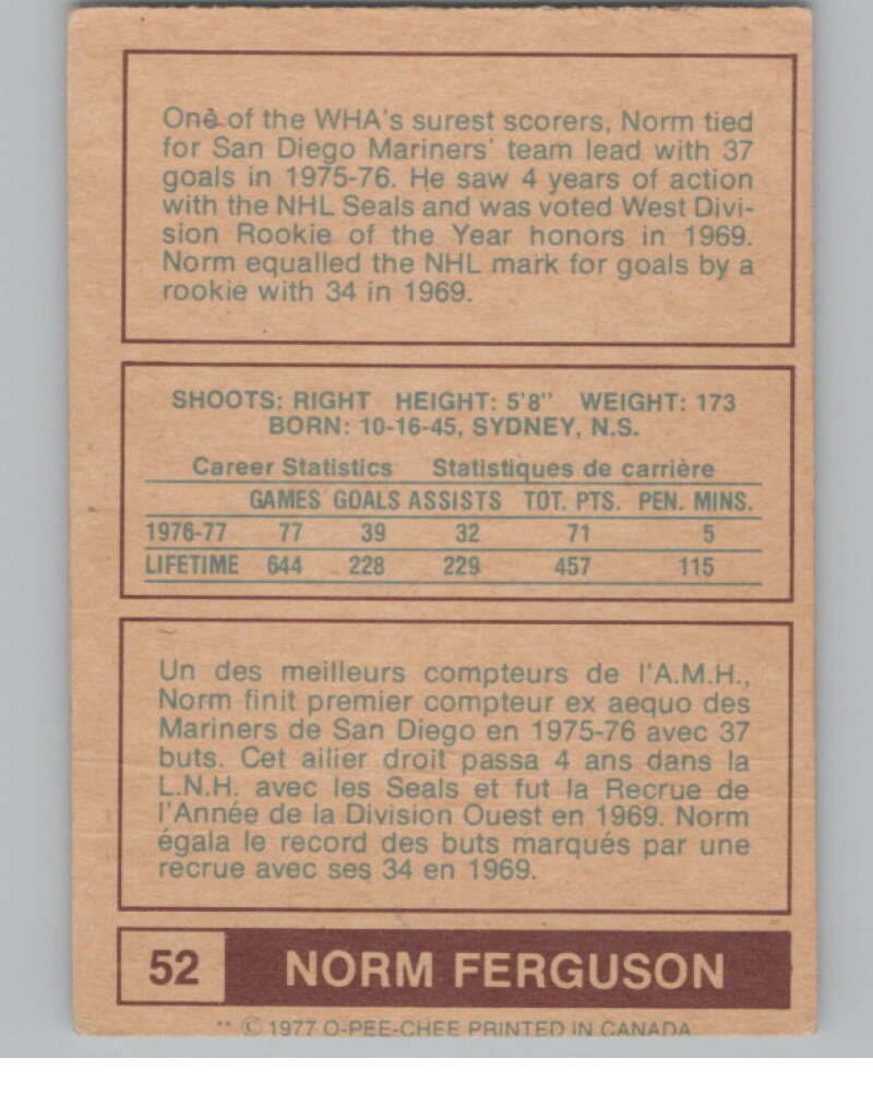 1977-78 O-Pee-Chee WHA #52 Norm Ferguson  Edmonton Oilers  V99285 Image 2