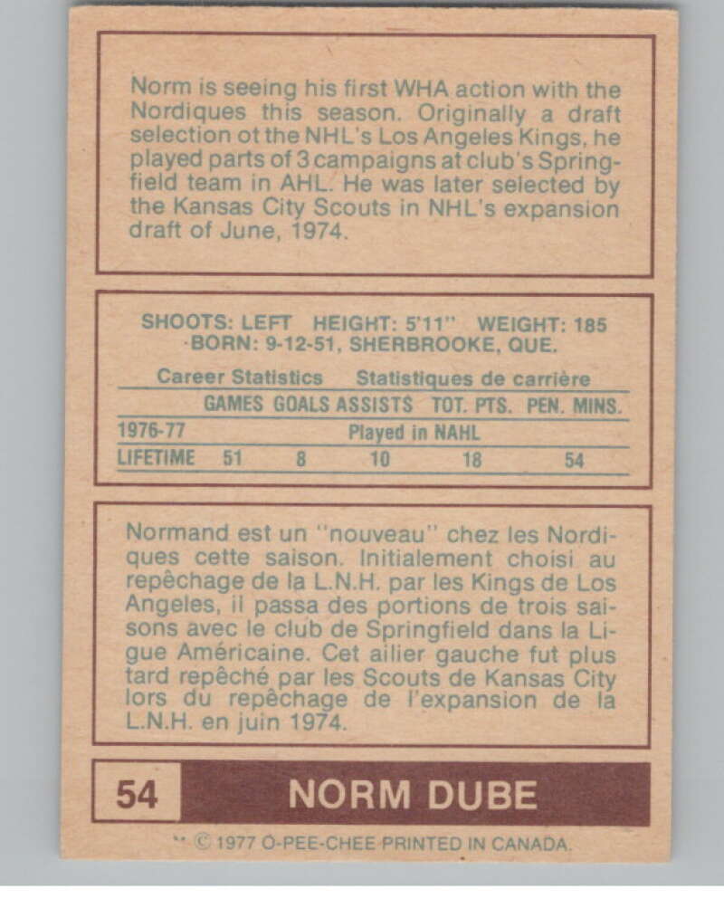 1977-78 O-Pee-Chee WHA #54 Norm Dube RC Rookie Nordiques  V99287 Image 2