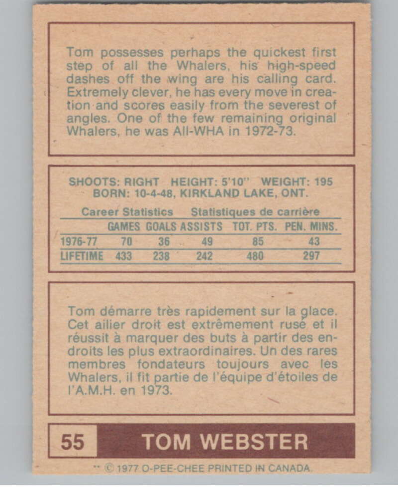 1977-78 O-Pee-Chee WHA #55 Tom Webster  New England Whalers  V99289 Image 2