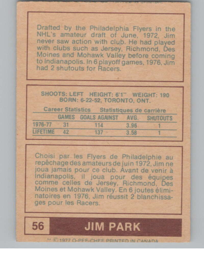 1977-78 O-Pee-Chee WHA #56 Jim Park RC Rookie Racers  V99290 Image 2