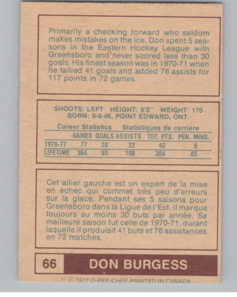 1977-78 O-Pee-Chee WHA #66 Don Burgess  Indianapolis Racers  V99297 Image 2