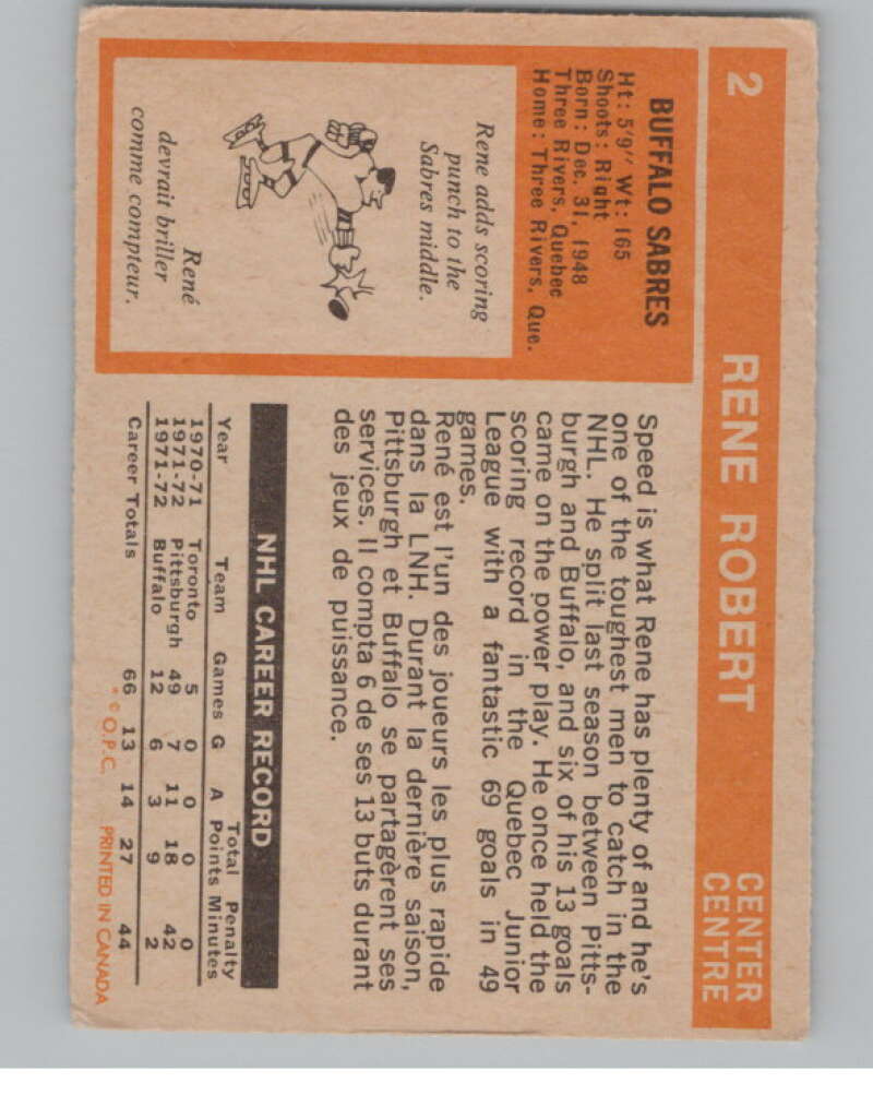 1972-73 O-Pee-Chee #2 Rene Robert  RC Rookie Buffalo Sabres  V99298 Image 2