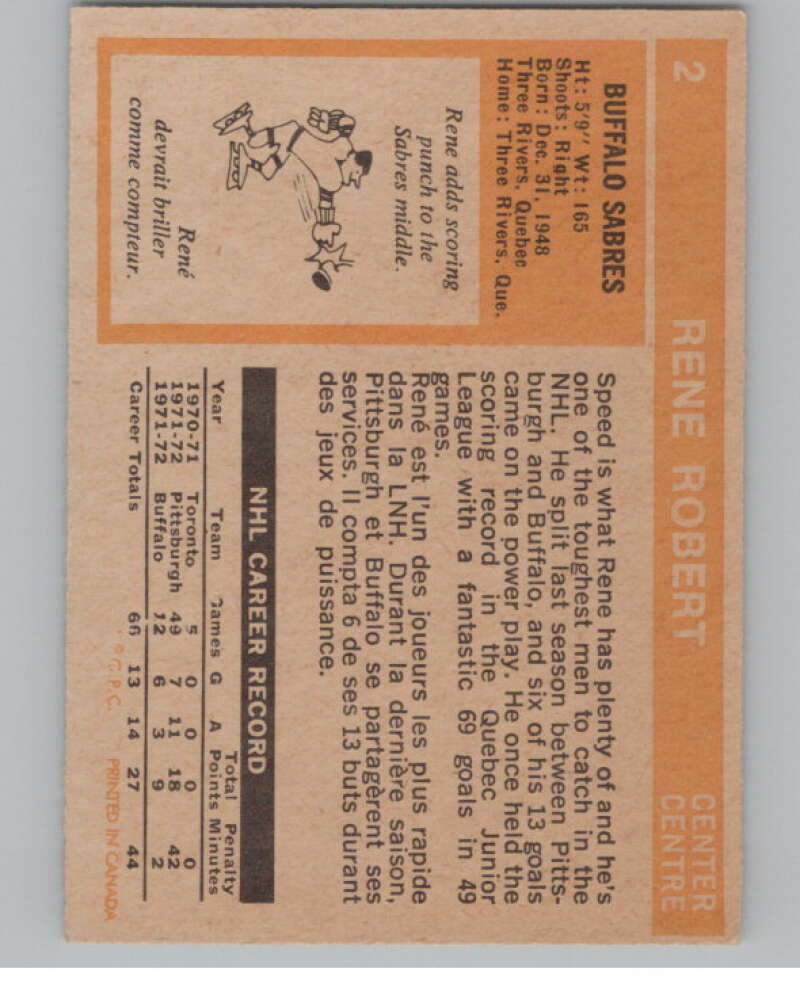 1972-73 O-Pee-Chee #2 Rene Robert  RC Rookie Buffalo Sabres  V99299 Image 2