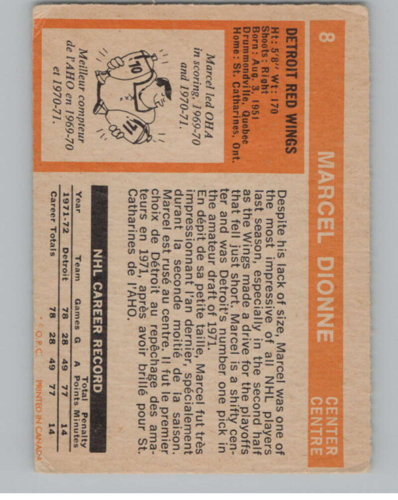 1972-73 O-Pee-Chee #8 Marcel Dionne  Detroit Red Wings  V99309 Image 2