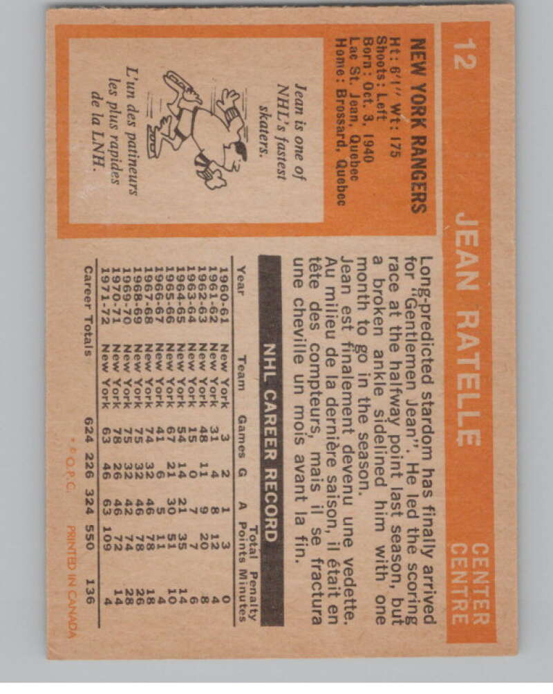 1972-73 O-Pee-Chee #12 Jean Ratelle  New York Rangers  V99313 Image 2