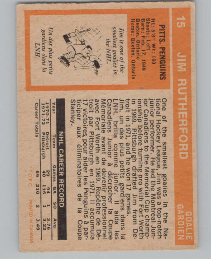 1972-73 O-Pee-Chee #15 Jim Rutherford  RC Rookie Pittsburgh Penguins  V99315 Image 2