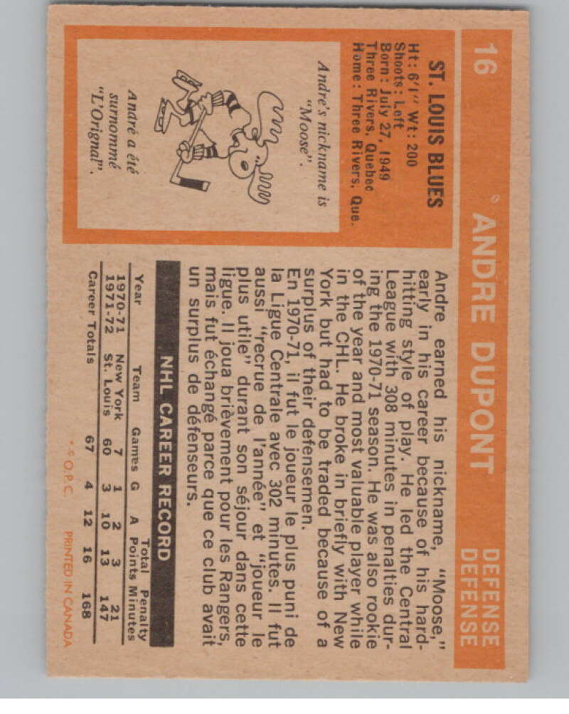 1972-73 O-Pee-Chee #16 Andre Dupont  RC Rookie St. Louis Blues  V99316 Image 2