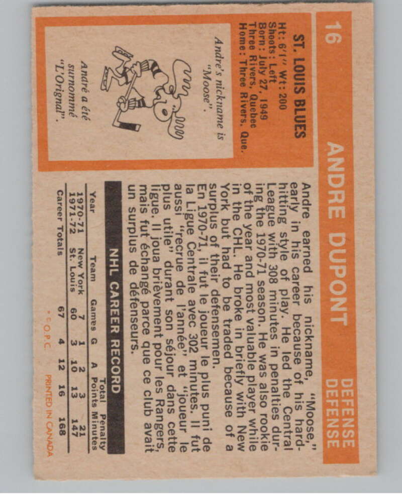 1972-73 O-Pee-Chee #16 Andre Dupont  RC Rookie St. Louis Blues  V99317 Image 2