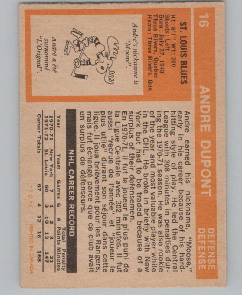 1972-73 O-Pee-Chee #16 Andre Dupont  RC Rookie St. Louis Blues  V99318 Image 2