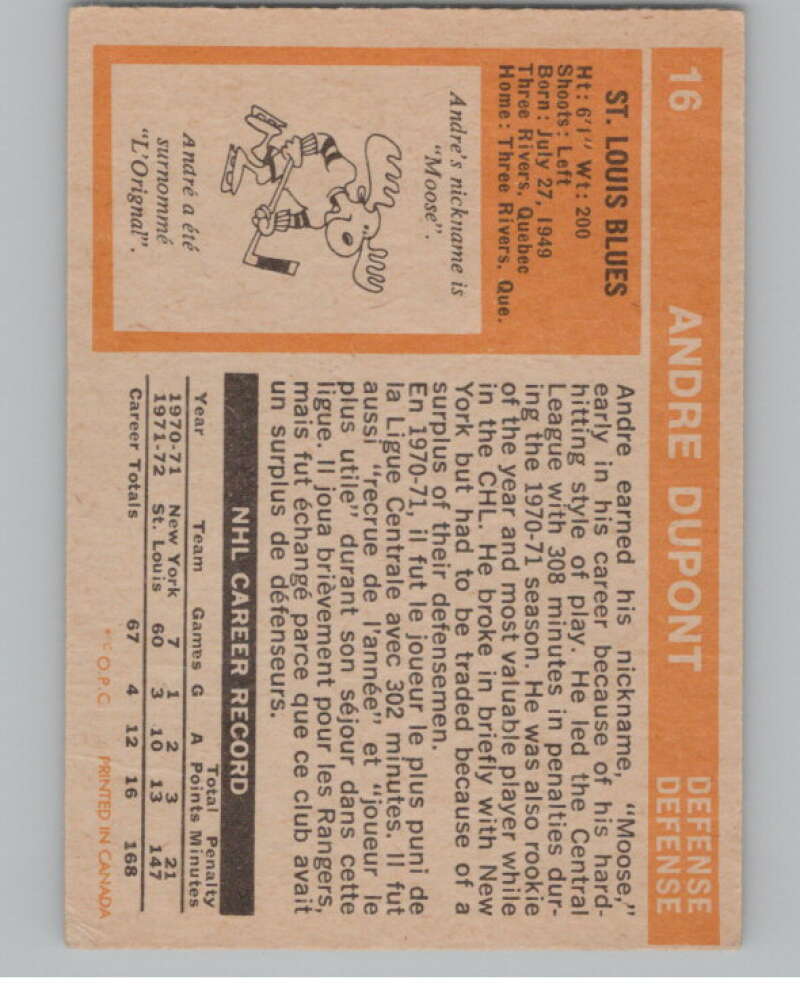 1972-73 O-Pee-Chee #16 Andre Dupont  RC Rookie St. Louis Blues  V99319 Image 2
