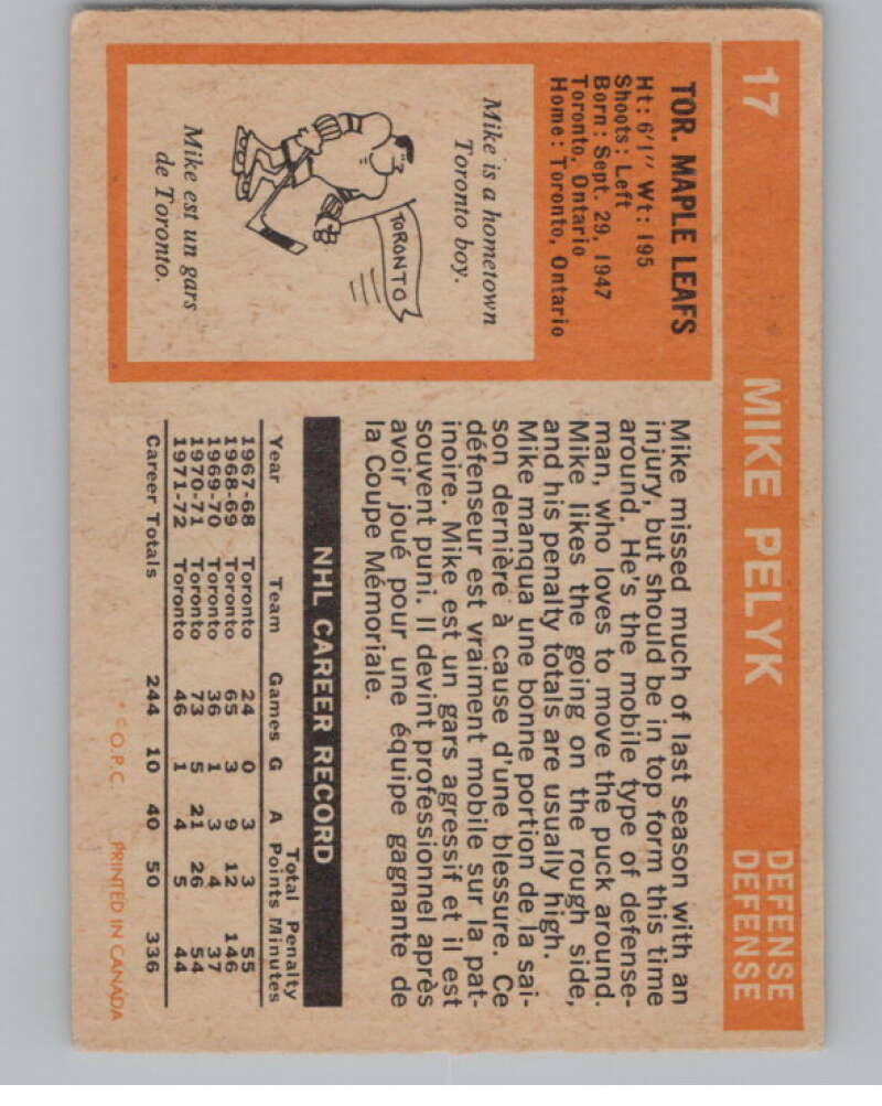 1972-73 O-Pee-Chee #17 Mike Pelyk  Toronto Maple Leafs  V99320 Image 2