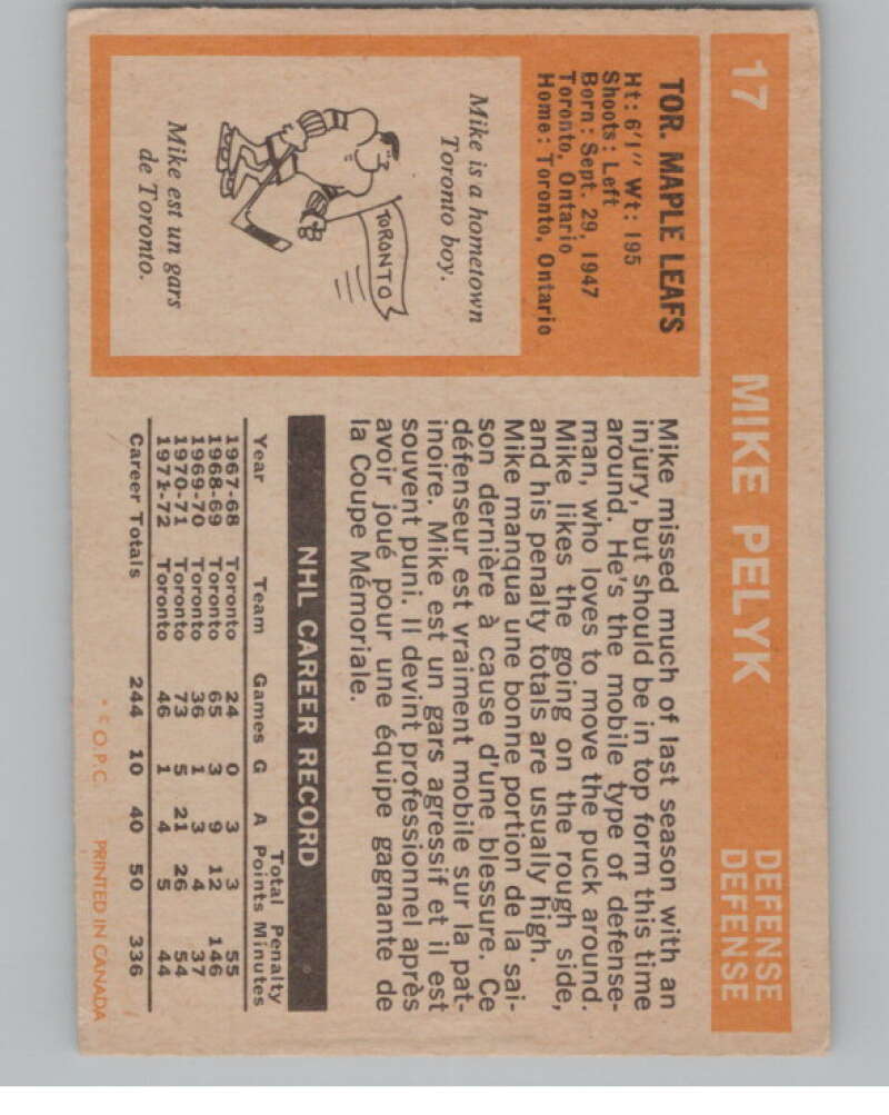 1972-73 O-Pee-Chee #17 Mike Pelyk  Toronto Maple Leafs  V99321 Image 2