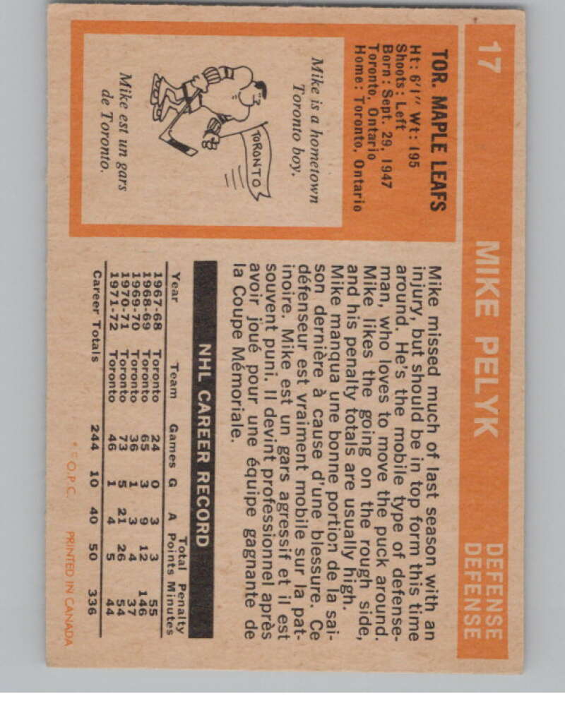 1972-73 O-Pee-Chee #17 Mike Pelyk  Toronto Maple Leafs  V99322 Image 2