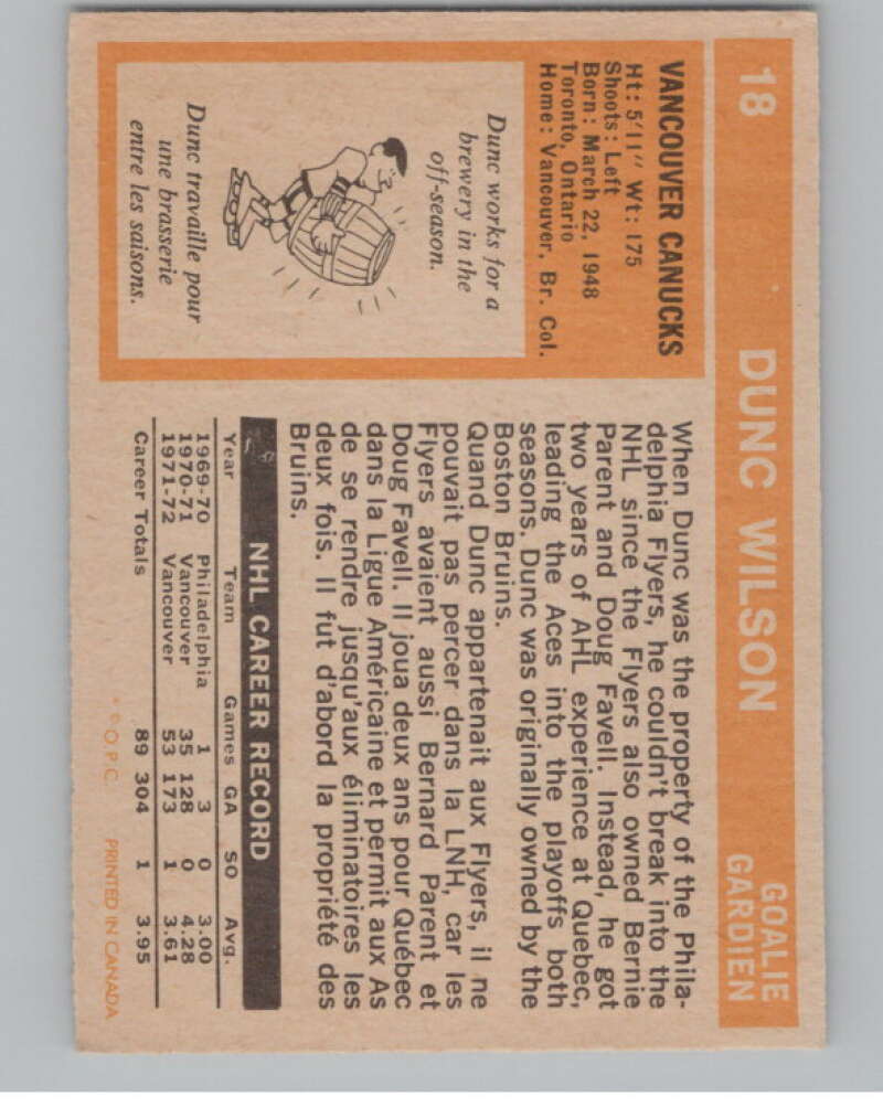 1972-73 O-Pee-Chee #18 Dunc Wilson  Vancouver Canucks  V99323 Image 2