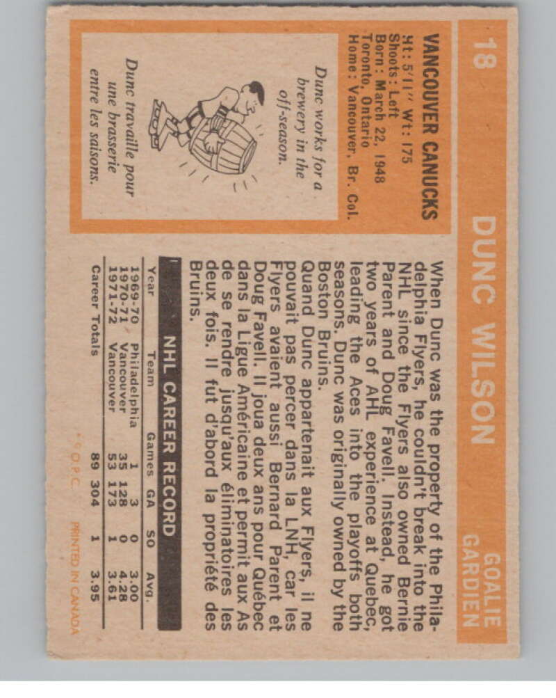 1972-73 O-Pee-Chee #18 Dunc Wilson  Vancouver Canucks  V99324 Image 2