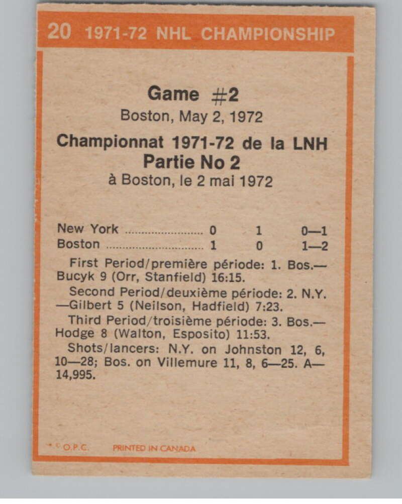 1972-73 O-Pee-Chee #20 Playoff Game 2  Boston Bruins/New York Rangers  V99325 Image 2