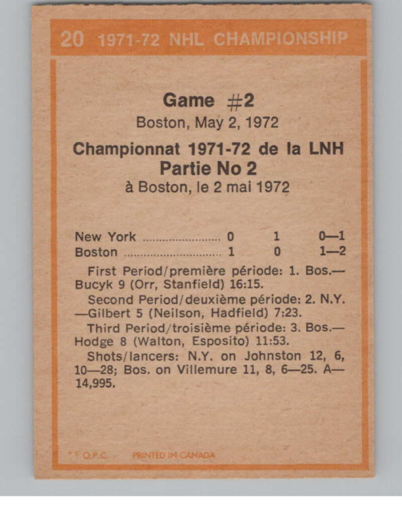 1972-73 O-Pee-Chee #20 Playoff Game 2  Boston Bruins/New York Rangers  V99326 Image 2