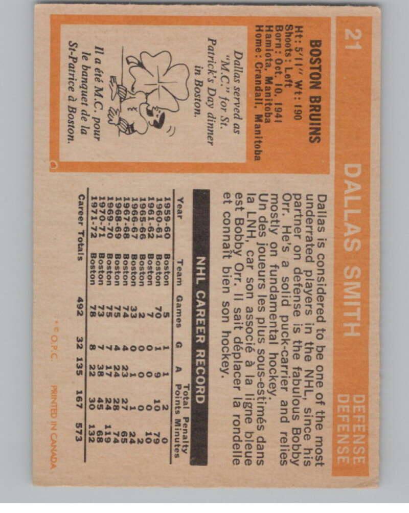 1972-73 O-Pee-Chee #21 Dallas Smith  Boston Bruins  V99327 Image 2