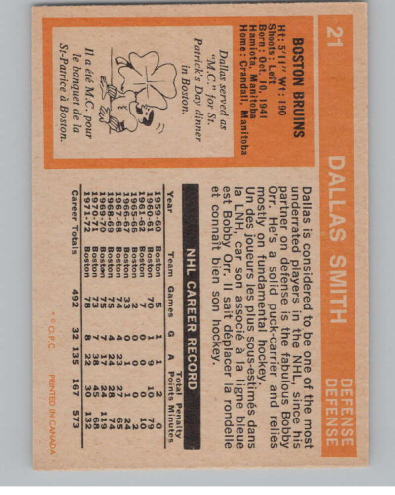 1972-73 O-Pee-Chee #21 Dallas Smith  Boston Bruins  V99328 Image 2