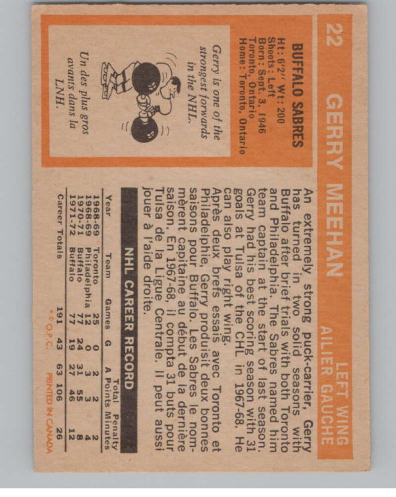 1972-73 O-Pee-Chee #22 Gerry Meehan  Buffalo Sabres  V99329 Image 2