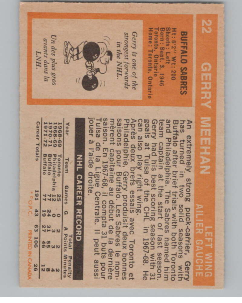 1972-73 O-Pee-Chee #22 Gerry Meehan  Buffalo Sabres  V99330 Image 2